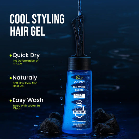 Ecrin cool styling hair gel bottle with water drops, quick dry, natural hold, easy wash features