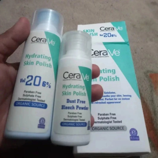 Two bottles of CeraVe Hydrating Skin Polish, one labeled dust free bleach powder, on beige surface with product box