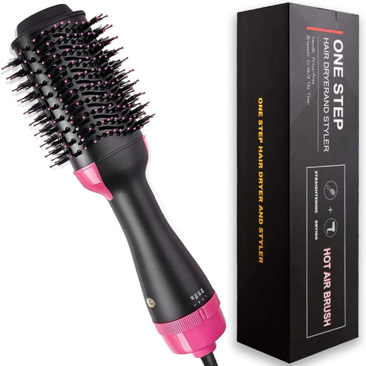 Black and pink one step hair dryer and hot air brush with packaging box