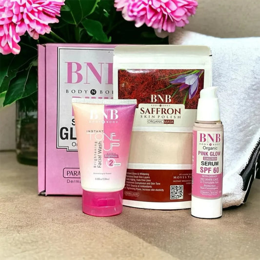 BNB Body N Body skincare set with Brightening Facial Wash, Saffron Skin Polish mask, and Pink Glow SPF 60 serum