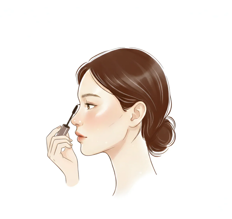 Illustration of a woman with brown hair in a bun applying mascara to her eyelashes