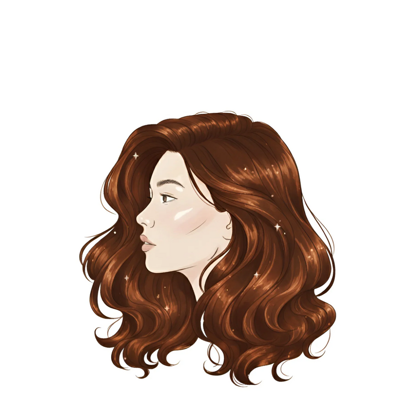 Profile illustration of a woman with thick, wavy brown hair and glowing highlights on white background