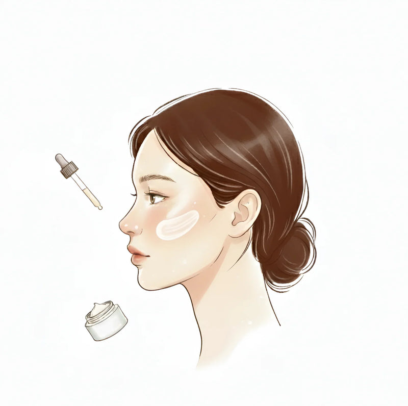 Illustration of woman with brown hair applying cream on cheek, skincare dropper and jar