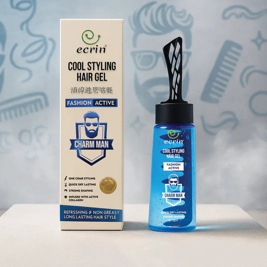 Ecrin Cool Styling Hair Gel for men with comb applicator and blue packaging