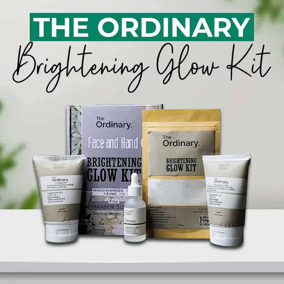 The Ordinary Brightening Glow Kit with products and packaging on a white surface.