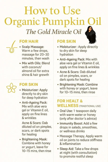 How to use organic pumpkin oil for hair scalp massage, skin moisturizer, anti-ageing, acne, and wellness