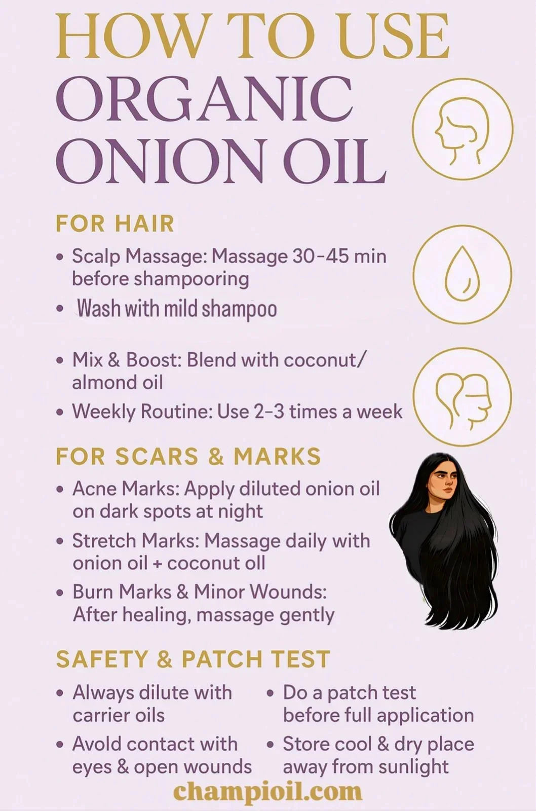 Instructions on how to use organic onion oil for hair and skin with a woman's face illustration.