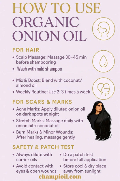 Instructions on how to use organic onion oil for hair and skin with a woman's face illustration.