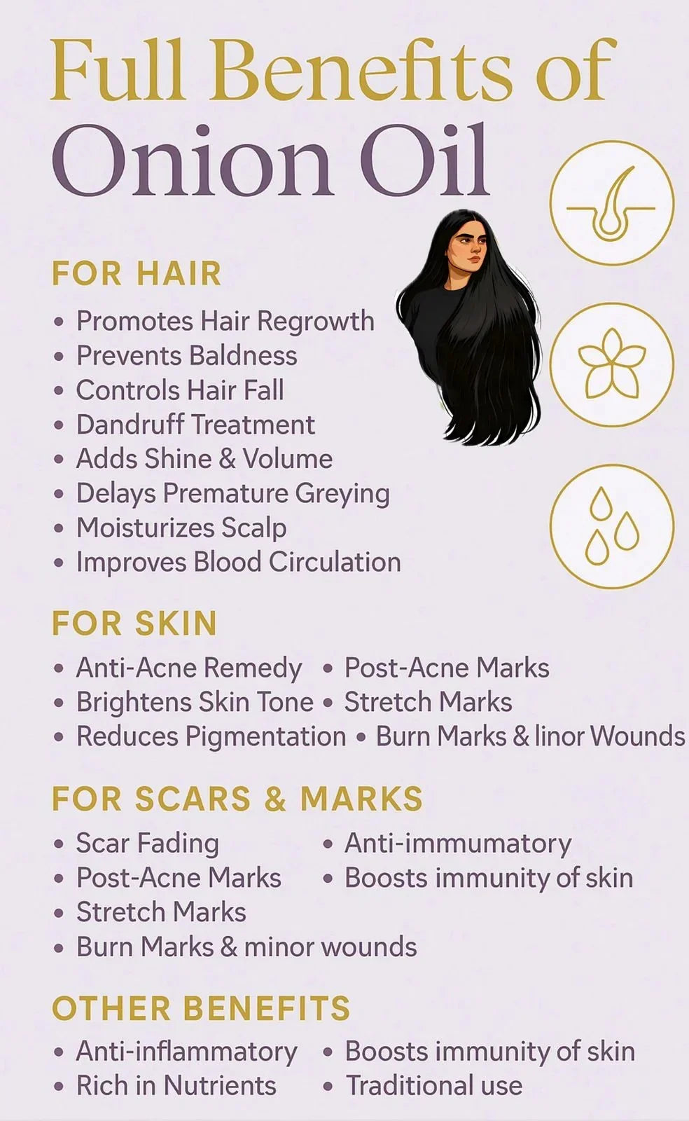 Infographic detailing the benefits of onion oil for hair, skin, scars, and other health benefits.
