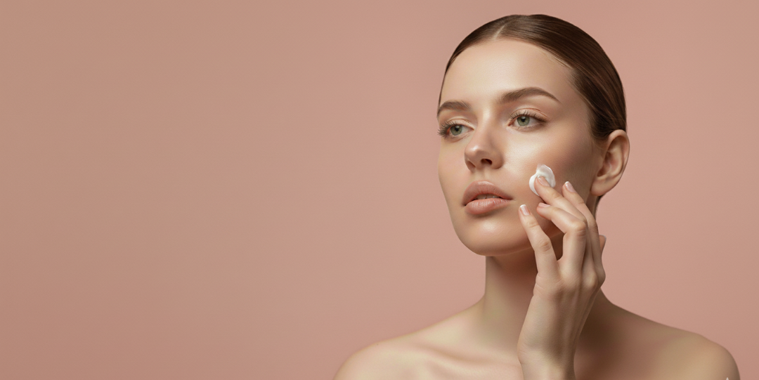 Woman applying cream to her face against a pink background