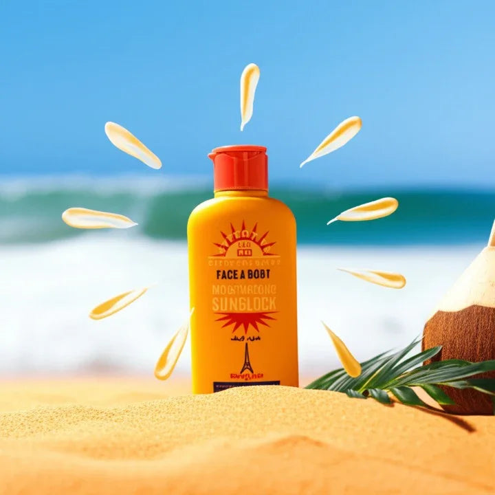 Bright yellow bottle of Face A Bobt sunblock on sandy beach with ocean and coconut in background