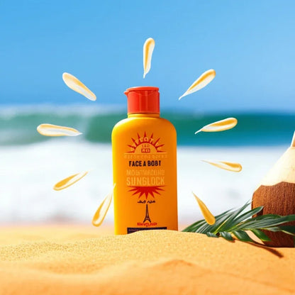 Bright yellow bottle of Face A Bobt sunblock on sandy beach with ocean and coconut in background