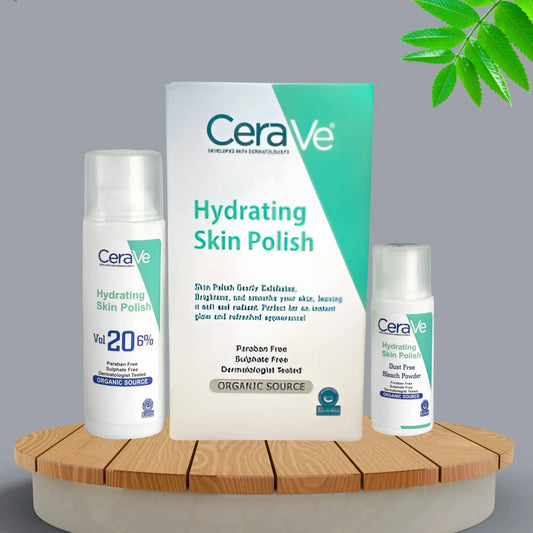 CeraVe Hydrating Skin Polish products with organic source text on bottles and box on wooden platform