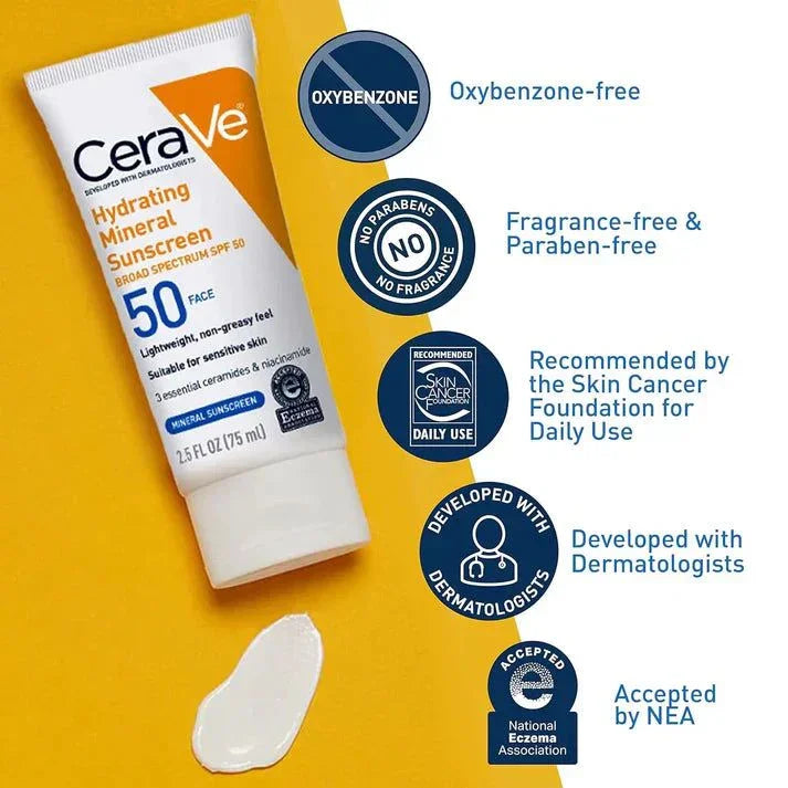 CeraVe Hydrating Mineral Sunscreen SPF 50 tube on yellow background with product benefits like oxybenzone-free, fragrance-free, dermatologist developed