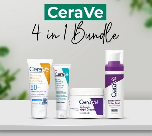 CeraVe 4 in 1 Bundle with Hydrating Mineral Sunscreen, Acne Foaming Cream Cleanser, Night Cream, and Skin Renewing Retinol Serum