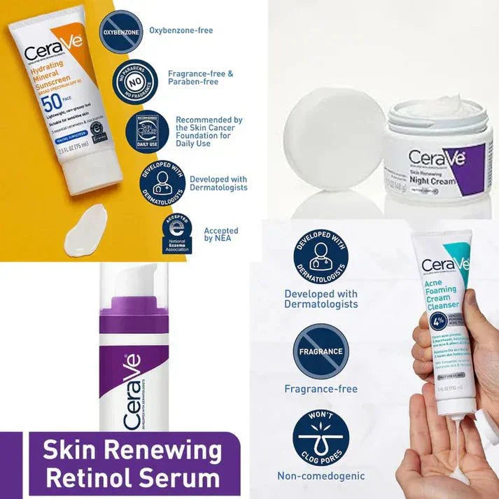 CeraVe skincare bundle featuring Hydrating Mineral Sunscreen SPF 50, Skin Renewing Retinol Serum, Night Cream, and Acne Foaming Cream Cleanser