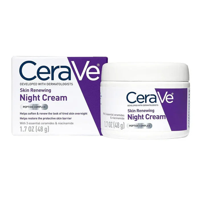 CeraVe Skin Renewing Night Cream jar and box with peptide complex, 1.7 oz, moisturizes and restores skin
