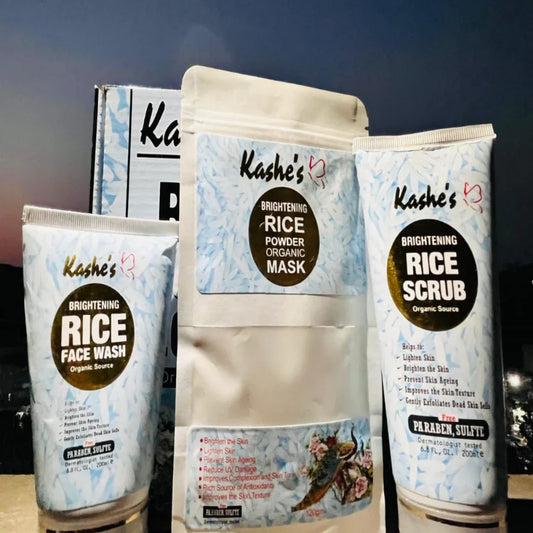 Kashe's skincare products including face wash, mask, and scrub on a dark background