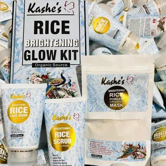 Kashe's Rice Brightening Glow Kit with various products on a pile of similar packaging.