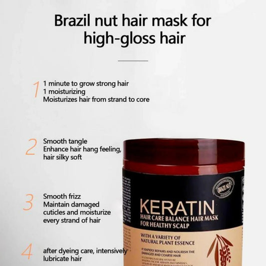 Keratin hair care balance hair mask with text on benefits on a white background