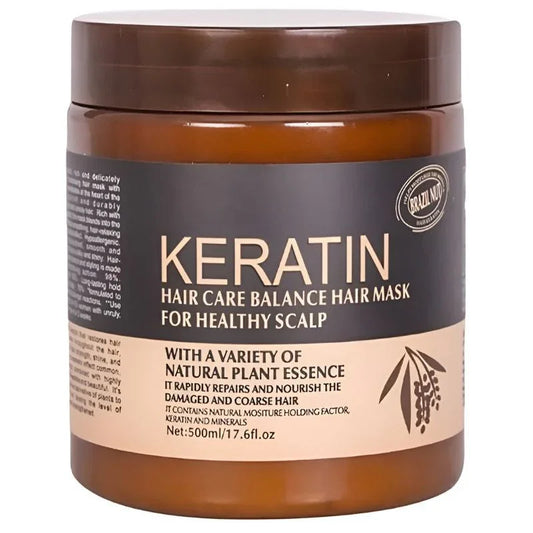 Brown jar of keratin hair care balance hair mask with natural plant essence for healthy scalp