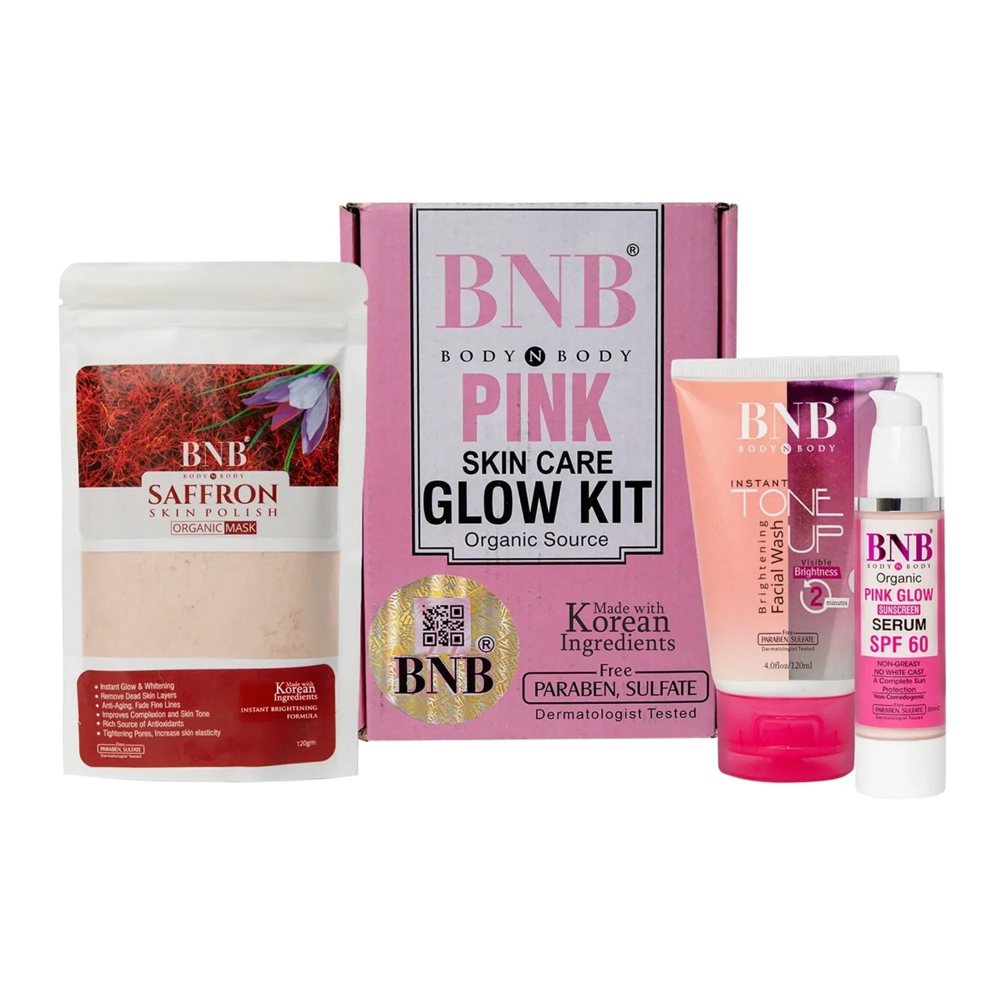 BNB Pink Skin Care Glow Kit with saffron skin polish, tone up facial wash, and pink glow SPF 60 serum
