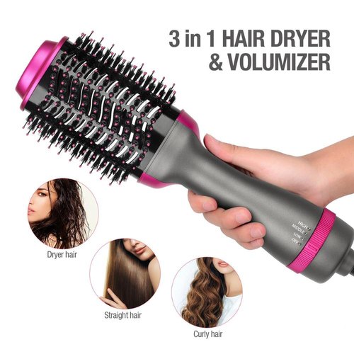 3 in 1 hair dryer and volumizer brush with pink and gray design for drying and styling hair