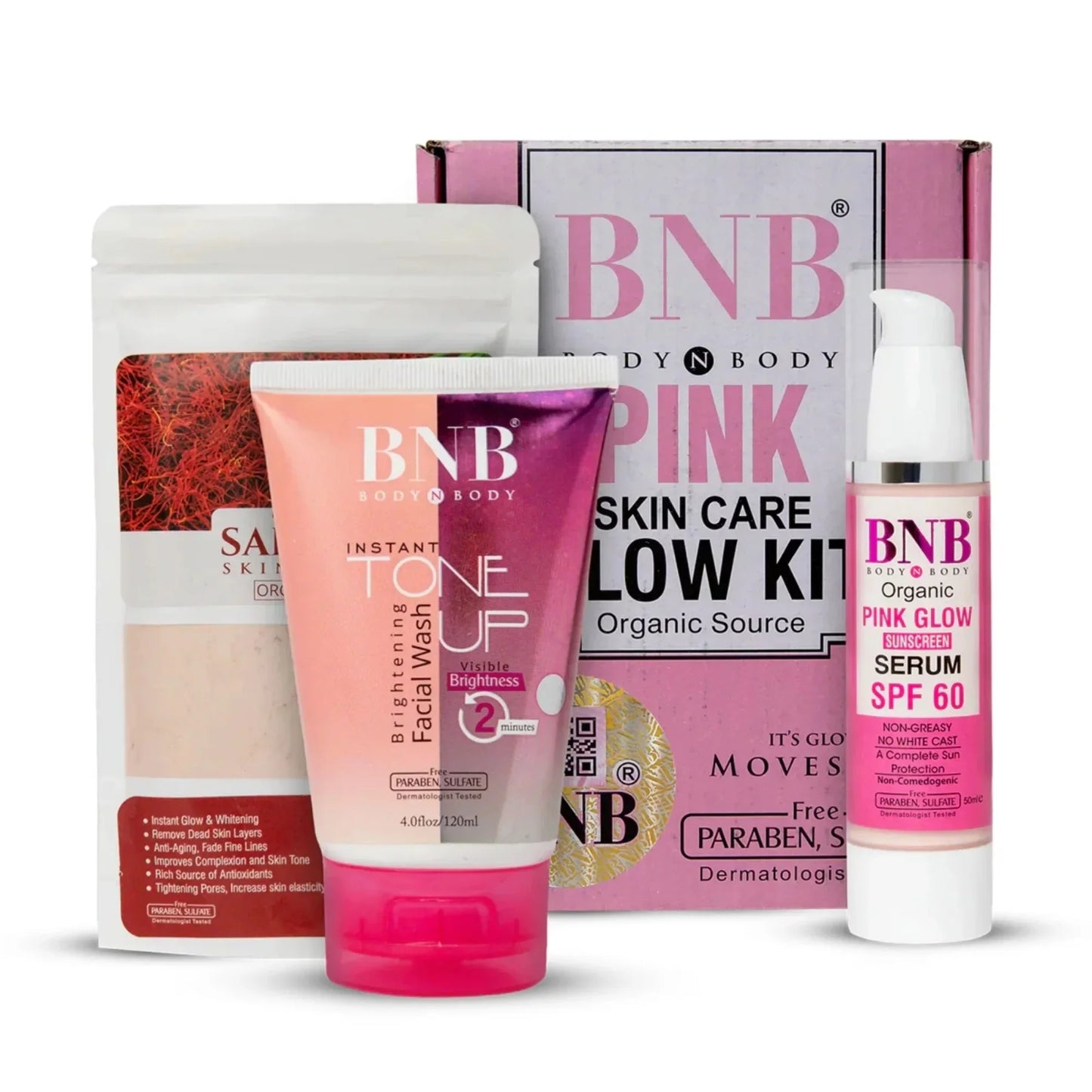 BNB Pink Skin Care Glow Kit with brightening facial wash, organic sunscreen serum SPF 60, and saffron pack
