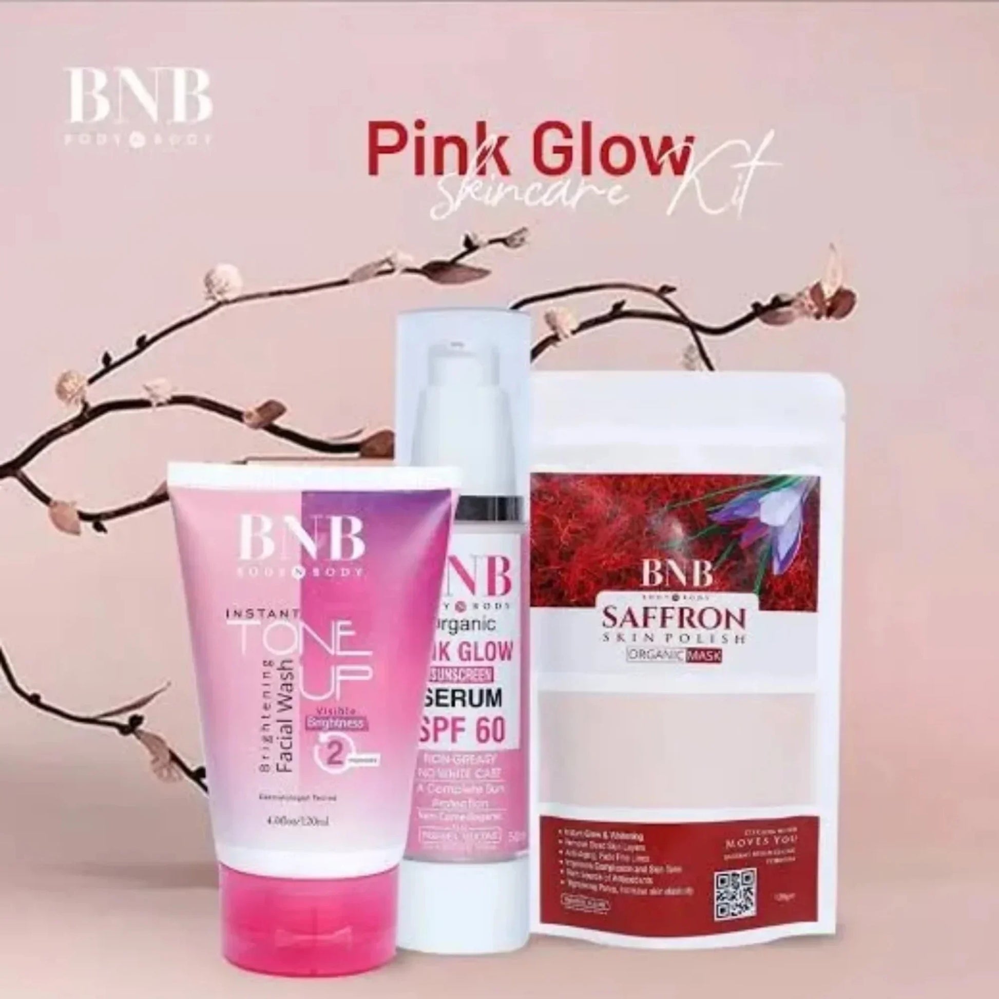 BNB Pink Glow Skincare Kit includes facial wash, serum SPF 60, and saffron skin polish mask