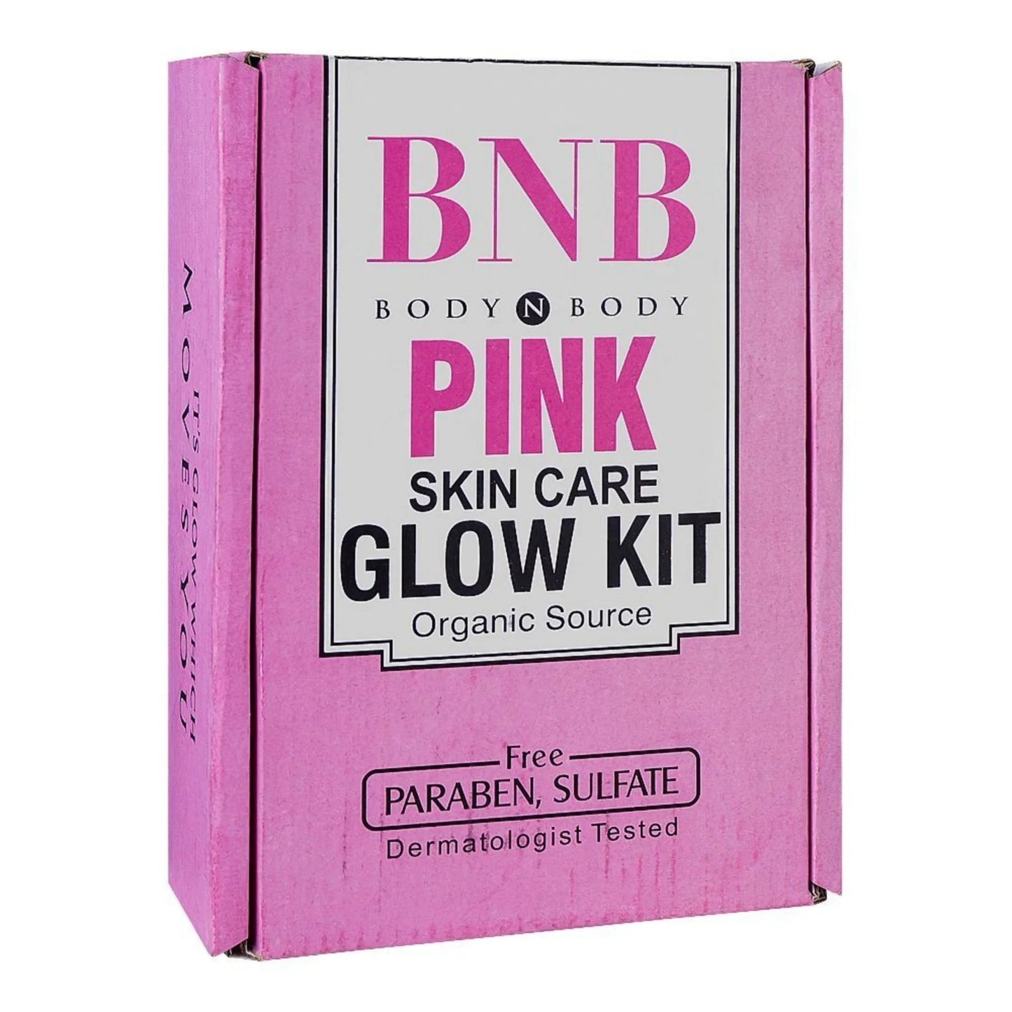 BNB Pink Skin Care Glow Kit box, organic, paraben and sulfate free, dermatologist tested