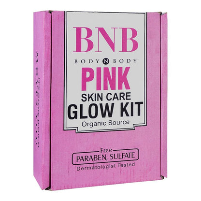 BNB Pink Skin Care Glow Kit box, organic, paraben and sulfate free, dermatologist tested