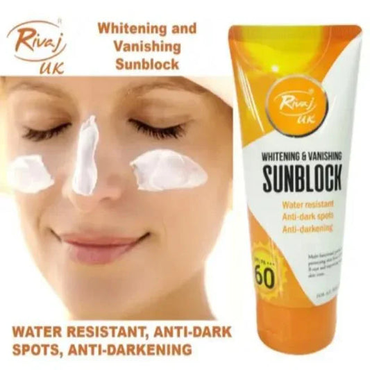Sunblock cream with application on face and product packaging, featuring Rivaj UK branding.