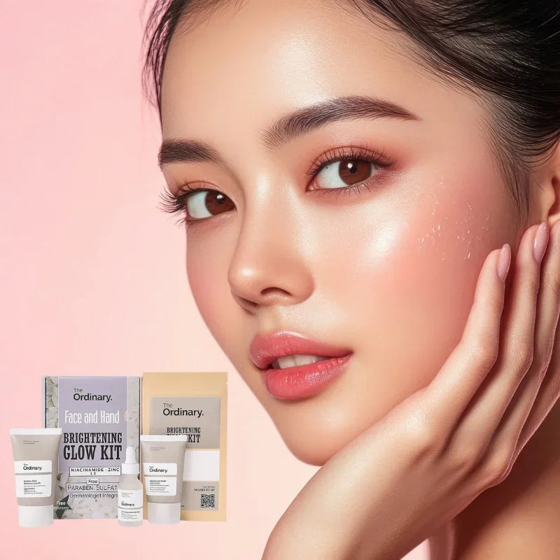 Close-up of woman with glowing skin applying skincare, The Ordinary Brightening Glow Kit products displayed