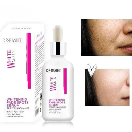 Dr. Rashel whitening fade spots serum bottle and packaging with face before and after results showing reduced pigmentation
